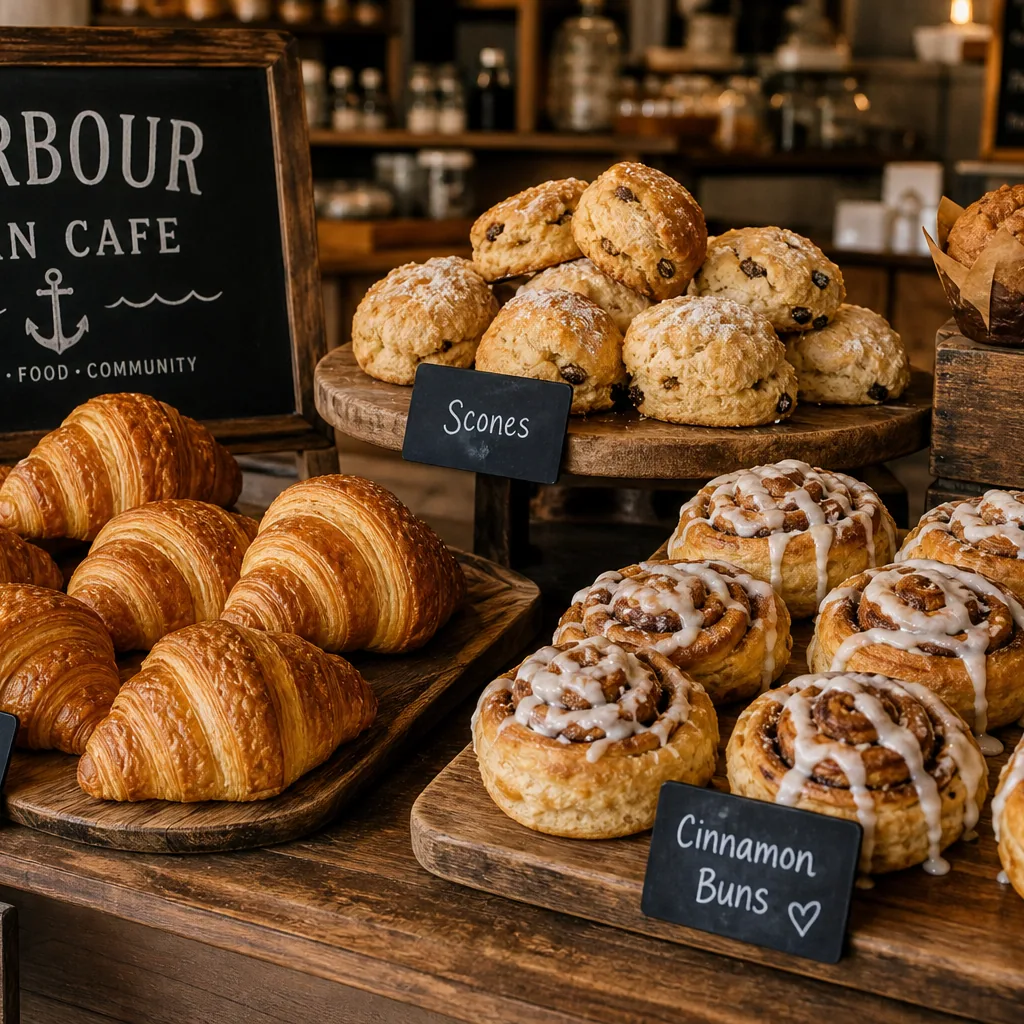 Rustic pastries and croissants on a bakery display counter