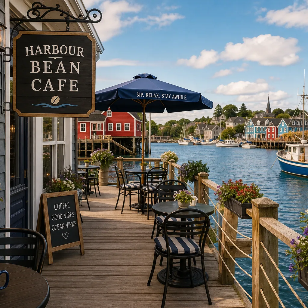 Waterfront café patio with tables overlooking Halifax Harbour