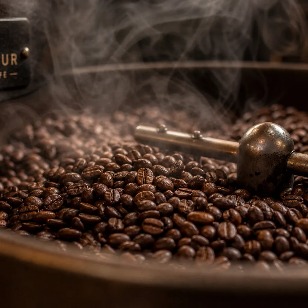 Freshly roasted coffee beans cooling in a roaster tray